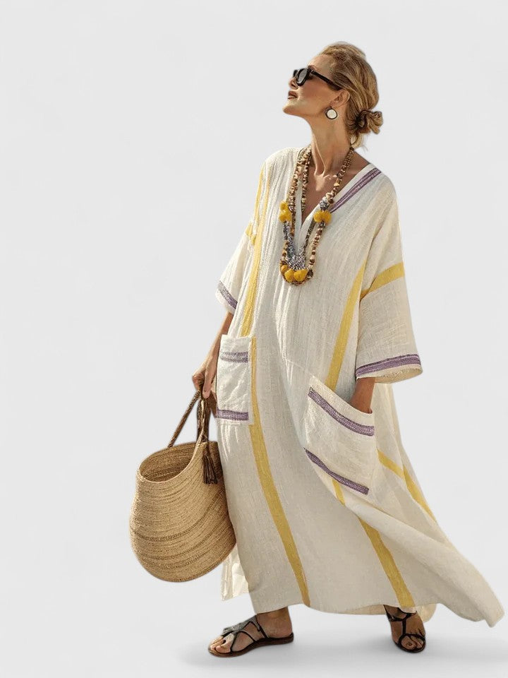 Women's V-Neck Kaftan Maxi Dress with Stripe Detail - stylish women's fashion apparel with premium quality, comfortable...