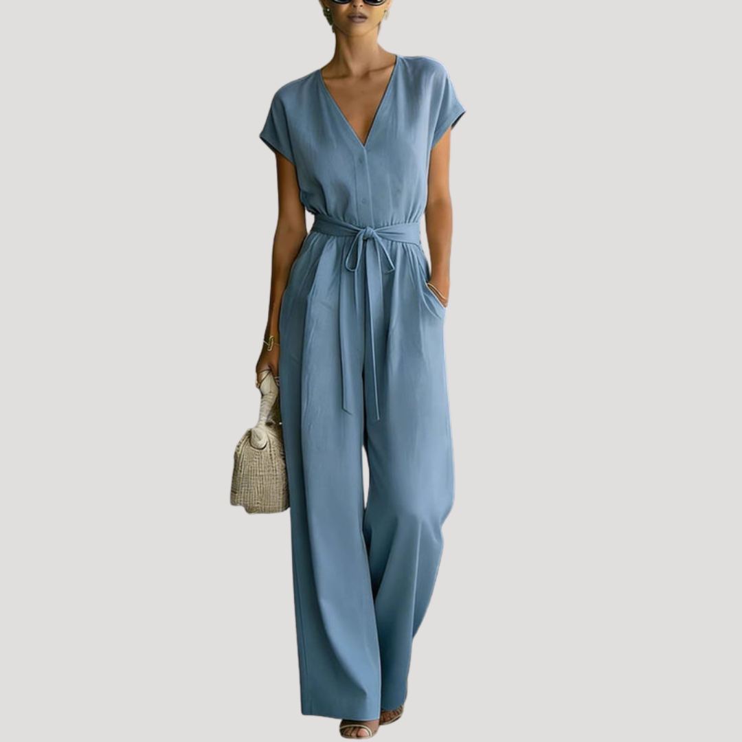 Ophelia | Women's V Neck Wide Leg Tie Waist Jumpsuit