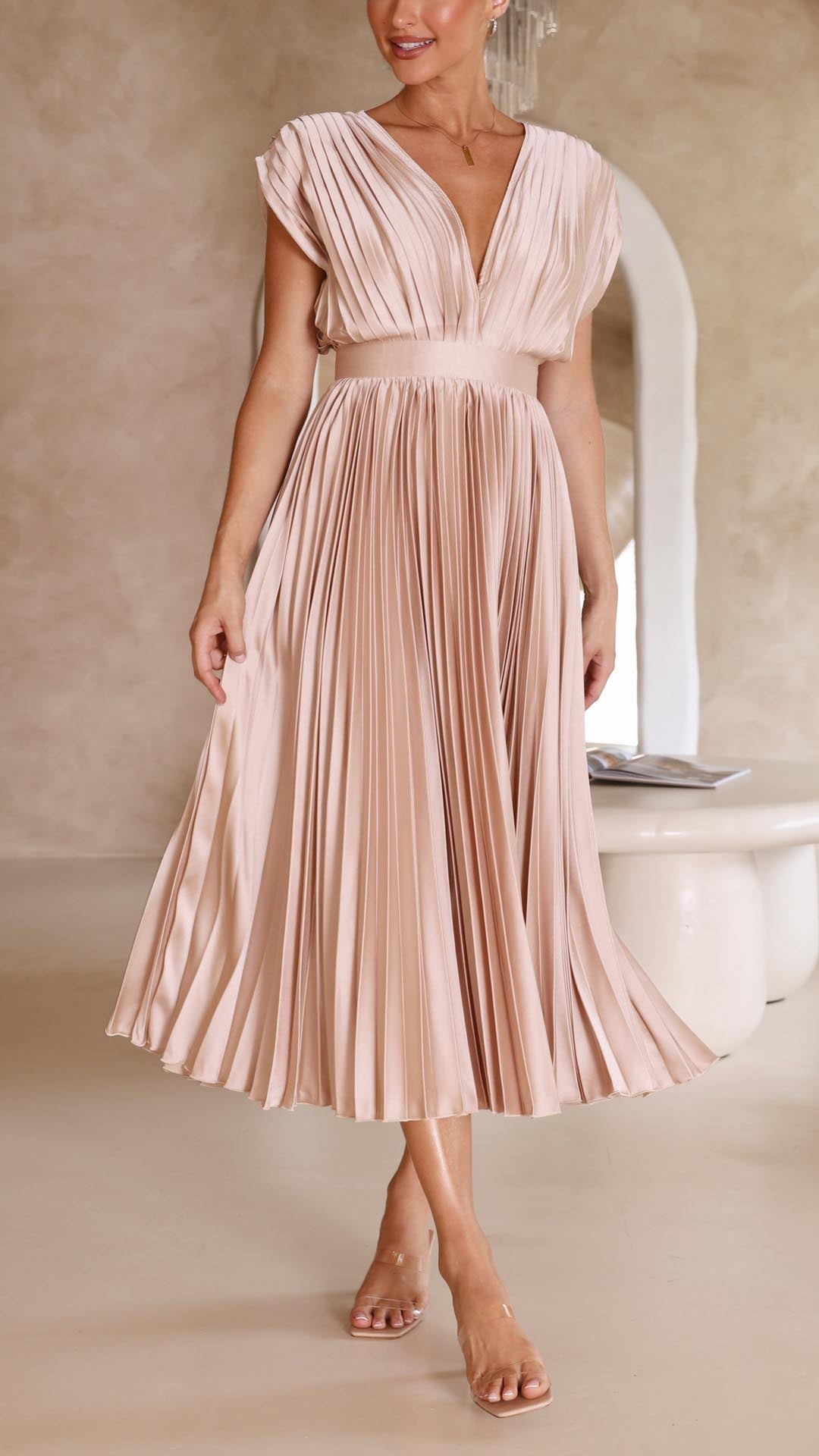 Pleated V-Neck Midi Wedding Guest Dress - stylish women's fashion apparel with premium quality, comfortable fit, and...